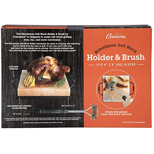 Himalayan Salt Block Holder & Stainless Steel Wire Cleaning Brush- Heat Resistant & Durable w/ Easy-Grip Handles for Safety - Fits any 8"x8" Salt Slab - Use for Indoor Cooking & Outdoor BBQ Grilling