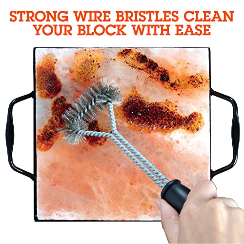 Himalayan Salt Block Holder & Stainless Steel Wire Cleaning Brush- Heat Resistant & Durable w/ Easy-Grip Handles for Safety - Fits any 8"x8" Salt Slab - Use for Indoor Cooking & Outdoor BBQ Grilling