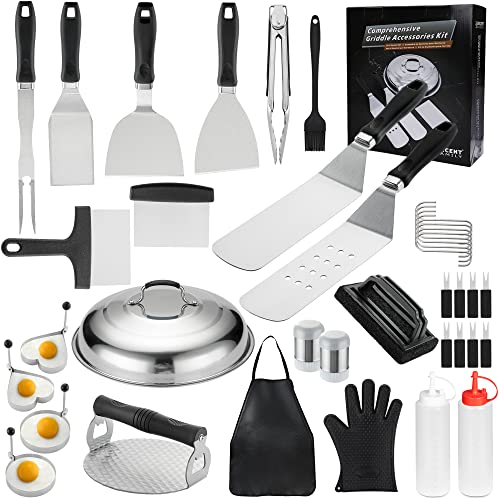 Griddle Accessories Kit, 39pc Commercial Grade Flat Top Grill Accessories for Blackstone, Complete Griddle Accessories Set with Melting Dome, Spatula, Scraper, Burger Press, Tongs, Cleaning Kit, Apron