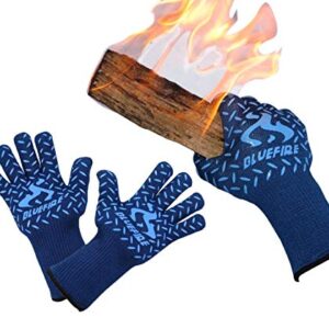 BlueFire Gloves BBQ Grill Firepit Oven Mitts Heat Resistant 932 Degrees F Lab Certified Professional Grade (X-Large, Blue)