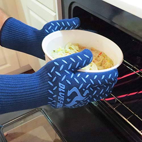 BlueFire Gloves BBQ Grill Firepit Oven Mitts Heat Resistant 932 Degrees F Lab Certified Professional Grade (X-Large, Blue)