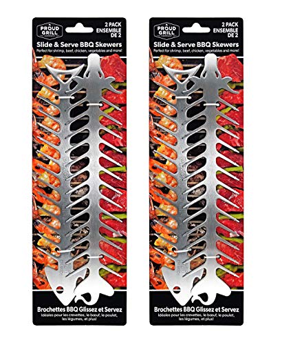 Proud Grill Slide & Serve BBQ Skewers - Set of 4 Stainless Steel Reusable Barbecue Skewers | Ideal for Grilling Shish Kabobs | Use for Beef, Pork, Chicken, Vegetable and Shrimp Kabobs.