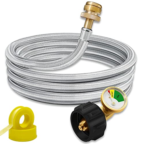 KILILIUN 6FT Propane Hose Adapter 1lb to 20lb with Gauge,Stainless Braided Propane Hose Converter for QCC1/Type1 Tank to 1 LB Propane Stove, Tabletop Grill and More 1lb Portable Appliance