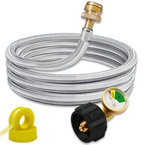 kililiun 6ft propane hose adapter 1lb to 20lb with gauge,stainless braided propane hose converter for qcc1/type1 tank to 1 lb propane stove, tabletop grill and more 1lb portable appliance