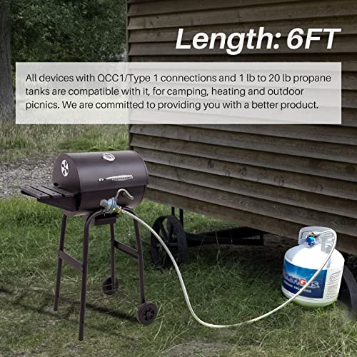 KILILIUN 6FT Propane Hose Adapter 1lb to 20lb with Gauge,Stainless Braided Propane Hose Converter for QCC1/Type1 Tank to 1 LB Propane Stove, Tabletop Grill and More 1lb Portable Appliance