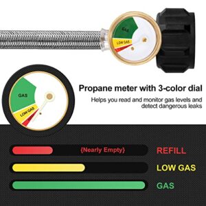 KILILIUN 6FT Propane Hose Adapter 1lb to 20lb with Gauge,Stainless Braided Propane Hose Converter for QCC1/Type1 Tank to 1 LB Propane Stove, Tabletop Grill and More 1lb Portable Appliance