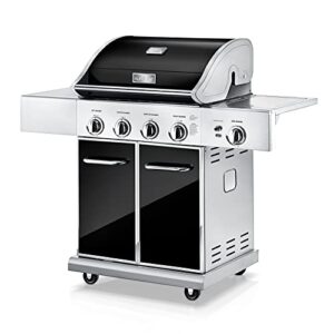 nutrichef heavy-duty 5-burner propane gas grill – stainless steel grill, 4 main burner with 1 side burner, 52,000 btu grilling capacity, electronic ignition system, built-in thermometer – ncgril2