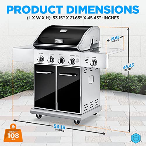 NutriChef Heavy-Duty 5-Burner Propane Gas Grill - Stainless Steel Grill, 4 Main Burner with 1 side burner, 52,000 BTU Grilling Capacity, Electronic Ignition System, Built-in Thermometer - NCGRIL2