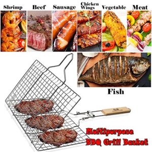 G.a HOMEFAVOR BBQ Fish Grill Basket Food Grade 18/8 304 Stainless Steel, Folding Portable Oak Handle, for Grilling Fish Vegetables Shrimp Meat Steak (Silicone Brush+Pouch+3x12inch Skewers)