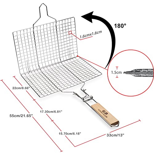 G.a HOMEFAVOR BBQ Fish Grill Basket Food Grade 18/8 304 Stainless Steel, Folding Portable Oak Handle, for Grilling Fish Vegetables Shrimp Meat Steak (Silicone Brush+Pouch+3x12inch Skewers)