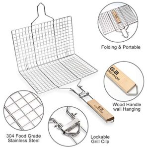 G.a HOMEFAVOR BBQ Fish Grill Basket Food Grade 18/8 304 Stainless Steel, Folding Portable Oak Handle, for Grilling Fish Vegetables Shrimp Meat Steak (Silicone Brush+Pouch+3x12inch Skewers)