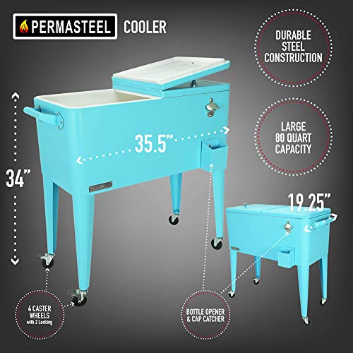 Permasteel PS-203-TURQ-AM 80 Quart Portable Rolling Patio Cooler, Turquoise