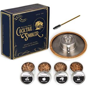 oak wolf whiskey smoker kit with 4 flavors of wood chips for old fashioned cocktail smoker – stainless steel bourbon smoker kit also includes a strainer & brush – bourbon & whiskey enthusiasts