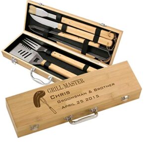 personalized bbq grilling set with 5 tools, laser engraved with designs and names, grillmaster