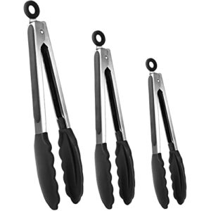 tongs for cooking, kitchen tongs with silicone tips, stainless steel locking tong for bbq grilling, non-stick, heavy duty, set of 3: 12+9+7 inches(black)