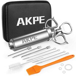 akpe meat injector, stainless steel marinade injector syringe for bbq grill and turkey, 2 ounce syringe with 3 needles, easy to use and clean (with case)