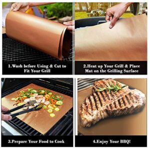 KOLIFEGOODS Grill Mat, 5PCS BBQ Baking Mat Non-Stick Reusable Cooking Sheets for Gas Grills Outdoor Grill with 2 Silicone BBQ Brushes, 15.75 x 12.99 Inches Gold