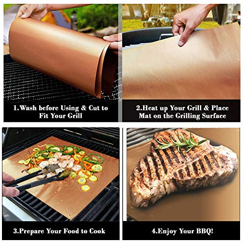 KOLIFEGOODS Grill Mat, 5PCS BBQ Baking Mat Non-Stick Reusable Cooking Sheets for Gas Grills Outdoor Grill with 2 Silicone BBQ Brushes, 15.75 x 12.99 Inches Gold