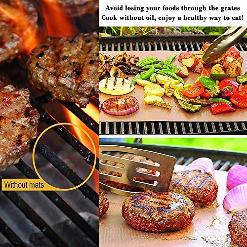 KOLIFEGOODS Grill Mat, 5PCS BBQ Baking Mat Non-Stick Reusable Cooking Sheets for Gas Grills Outdoor Grill with 2 Silicone BBQ Brushes, 15.75 x 12.99 Inches Gold