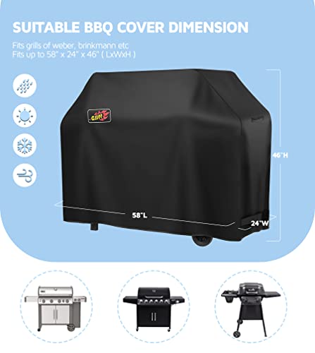 LyriFine 58inch Grill Cover, 600D Polyester Waterproof Heavy Duty Barbecue Gas Grill Cover, Special Fade & Weather Resistant, Outdoor BBQ Cover Fits Weber Char-Broil Nexgrill Brinkmann Grills, Black