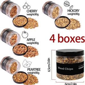 QUKLOGEN Natual Wood Chips for Smoker,Drinks,Cocktail,Whisky,Bourbon,Smoker Grill,Bar Smoke Infuser Wood Chips Set with Apple,Cherry,Hickory and Peartree 4 Different Wood Chips