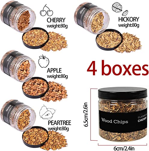 QUKLOGEN Natual Wood Chips for Smoker,Drinks,Cocktail,Whisky,Bourbon,Smoker Grill,Bar Smoke Infuser Wood Chips Set with Apple,Cherry,Hickory and Peartree 4 Different Wood Chips