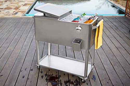 Permasteel PS-206-SS-AM 80 Quart Rolling Patio Cooler with Bottom Tray, Stainless Steel