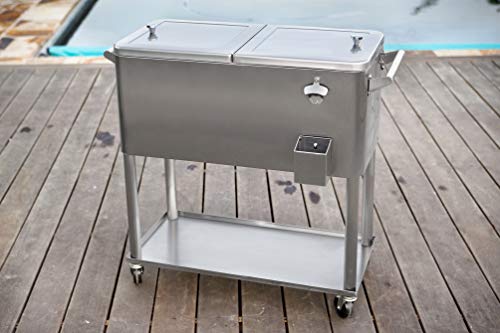 Permasteel PS-206-SS-AM 80 Quart Rolling Patio Cooler with Bottom Tray, Stainless Steel