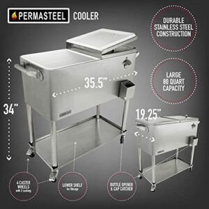 Permasteel PS-206-SS-AM 80 Quart Rolling Patio Cooler with Bottom Tray, Stainless Steel