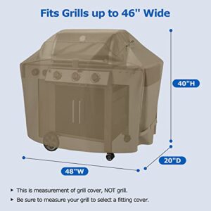 SunPatio Gas Grill Cover 48 Inch, Heavy Duty Waterproof Outdoor Barbecue Cover with Sealed Seam, FadeStop Material, All Weather Resistant Compatible for Weber CharBroil Nexgrill Grills and More, Taupe