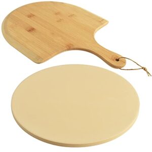 homedge pizza stone set, heavy duty round cordierite baking stone for bread, pizza, thermal shock resistant cooking stone with bamboo pizza peel paddle for oven and grill-12 inches (diameter)