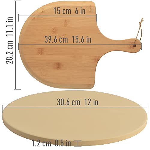 homEdge Pizza Stone Set, Heavy Duty Round Cordierite Baking Stone for Bread, Pizza, Thermal Shock Resistant Cooking Stone with Bamboo Pizza Peel Paddle for Oven and Grill-12 Inches (Diameter)