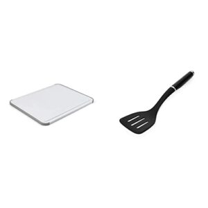kitchenaid classic plastic cutting board with perimeter trench and non slip edges, dishwasher safe, 11 inch x 14 inch, white and gray & classic slotted turner, one size, black 2, 13.66-inch