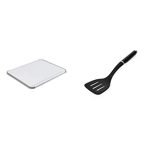 KitchenAid Classic Plastic Cutting Board with Perimeter Trench and Non Slip Edges, Dishwasher Safe, 11 inch x 14 inch, White and Gray & Classic Slotted Turner, One Size, Black 2, 13.66-Inch