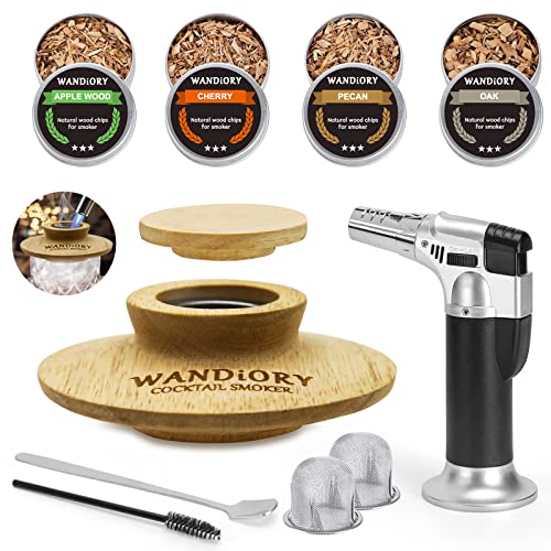 Cocktail Smoker Kit with Torch, WANDiORY Bourbon Whiskey Drink Smoker Infuse Kit with 4 Flavors Wood Chips, Old Fashioned Smoker Kit, Bourbon Whisky Gifts for Men Him