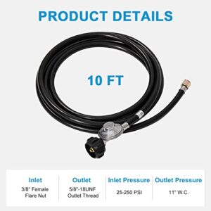 COSIEST 10 Feet Universal Propane Regulator and Hose, Low Pressure Grill Regulator Replacement Parts with QCC-1 Quick Propane Connect Hose for Fire Pit Table, LP Gas Grill