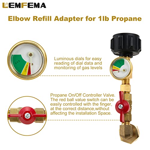 Lemfema QCC1 Propane Refill Elbow Adapter with Propane Tank Gauge, 90 Degrees Propane Refill Pressure Adapter with ON-Off Control Valve for Camping Grill 1LB Bottle Tank 20-40LBS Cylinder