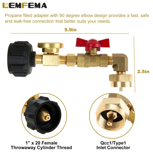 Lemfema QCC1 Propane Refill Elbow Adapter with Propane Tank Gauge, 90 Degrees Propane Refill Pressure Adapter with ON-Off Control Valve for Camping Grill 1LB Bottle Tank 20-40LBS Cylinder