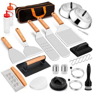 21pcs griddle accessories kit, leonyo bbq flat top grill accessories, outdoor camping stainless steel metal spatula tools set with 12″ melting dome, bacon press, burger patty maker, meat tenderizer