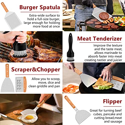 21Pcs Griddle Accessories Kit, Leonyo BBQ Flat Top Grill Accessories, Outdoor Camping Stainless Steel Metal Spatula Tools Set with 12" Melting Dome, Bacon Press, Burger Patty Maker, Meat Tenderizer