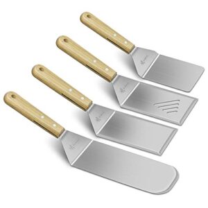 barbecue turners with acacia wood handle, professional stainless steel 4-piece bbq grilling cooking spatula set
