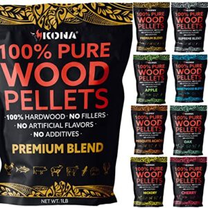 kona smoker grilling pellet sets 8x /1 pound variety pack (8 pounds total), 100% oak+100% hickory+sweetwood blend+premium blend+100% apple+100% cherry+supreme blend+100% mesquite acacia