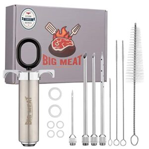 big meat injectors for smoking – stainless steel meat injector syringe kit, 2oz large capacity with 4 marinade injector needles, flavor injector and e-book recipes