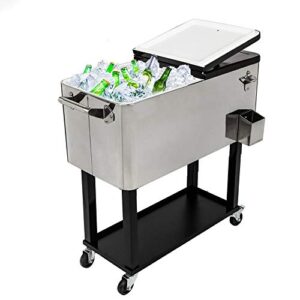 mtfy 80 quart patio cooler rolling cooler ice chest with shelf, stainless steel ice chest portable patio party bar drink cooling cart beverage cooler cart with wheels and bottle opener