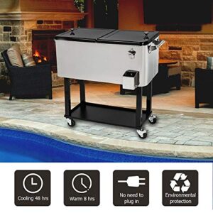 MTFY 80 Quart Patio Cooler Rolling Cooler Ice Chest with Shelf, Stainless Steel Ice Chest Portable Patio Party Bar Drink Cooling Cart Beverage Cooler Cart with Wheels and Bottle Opener