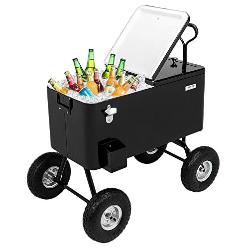 VINGLI 80 Quart Wagon Rolling Cooler Ice Chest, w/Long Handle and 10" Wheels, Portable Beach Patio Party Bar Cold Drink Beverage, Outdoor Park Cart on Wheels (Black-Wagon)