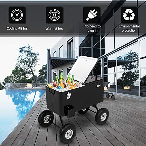 VINGLI 80 Quart Wagon Rolling Cooler Ice Chest, w/Long Handle and 10" Wheels, Portable Beach Patio Party Bar Cold Drink Beverage, Outdoor Park Cart on Wheels (Black-Wagon)