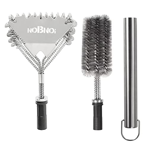 Grill Brush for Outdoor Grill, NOBNOI 2 in 1 Stainless BBQ Grill Brush Kit, Safe Bristle Free Brush with Scraper, BBQ Accessories with Replaceable Heads, Grill Cleaning Kit for All Grill Grates