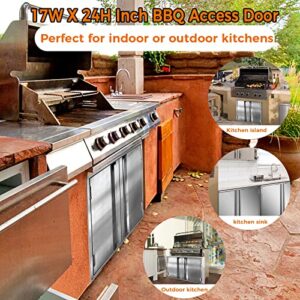 Outdoor Kitchen Doors 17” W x 24”H 304 Stainless Steel BBQ Access Door Vertical Outdoor Kitchen Cabinets Double Door for Outdoor Kitchen Grilling Station and BBQ Island