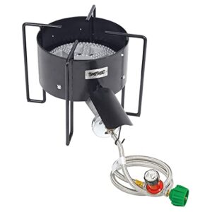 bayou classic kab4 16-in bayou banjo cooker features 10-in cast iron burner 16-in cooking surface 3/8-in round bar welded frame 30-psi adjustable regulator w/ 48-in stainless braided hose